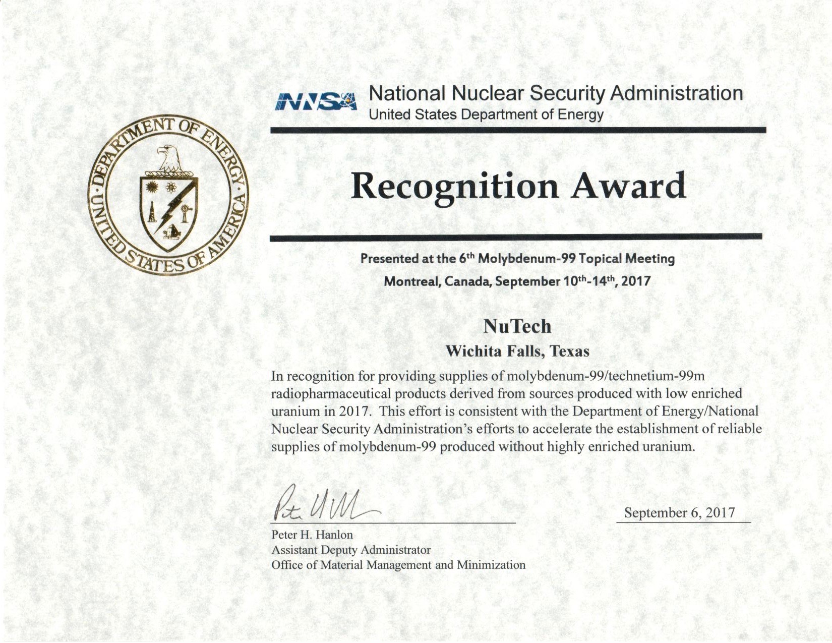 Wichita Falls award certificate